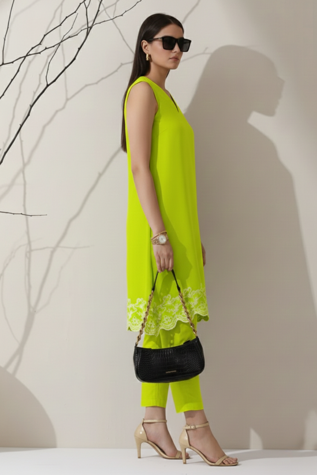 Dhiyona ST 2 Pc Set - Sinful Green Cotton Border Schffli Sleeveless Kurta with Pants
