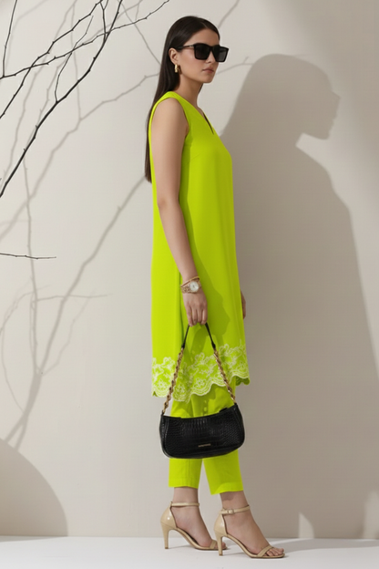 Dhiyona ST 2 Pc Set - Sinful Green Cotton Border Schffli Sleeveless Kurta with Pants