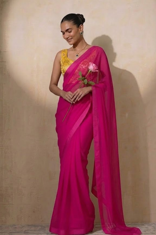 Dhiyona ST With Stitched Blouse - Yellow Brocade Blouse with Pink Chiffon Saree (Blouse has sleeve attached)