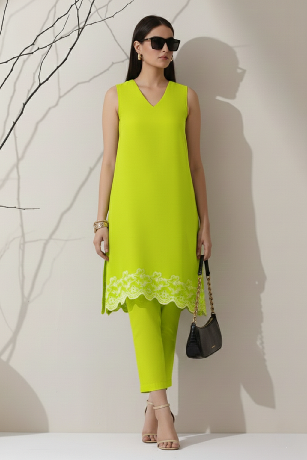 Dhiyona ST 2 Pc Set - Sinful Green Cotton Border Schffli Sleeveless Kurta with Pants