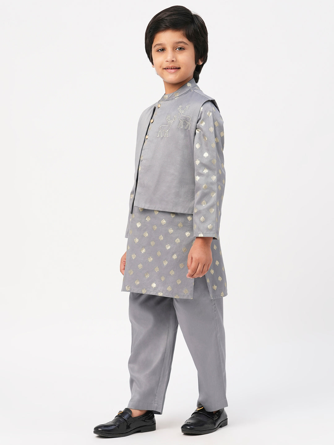 Mehfil Grey Kurta Pant Jacket set for Boys