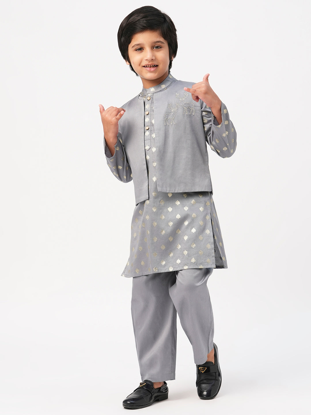 Mehfil Grey Kurta Pant Jacket set for Boys