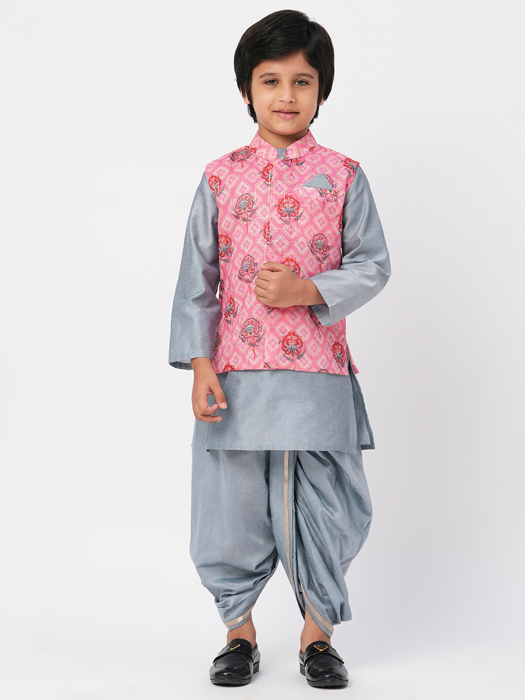 Raangoli Boys Grey Kurta with Dhotiand Jacket set