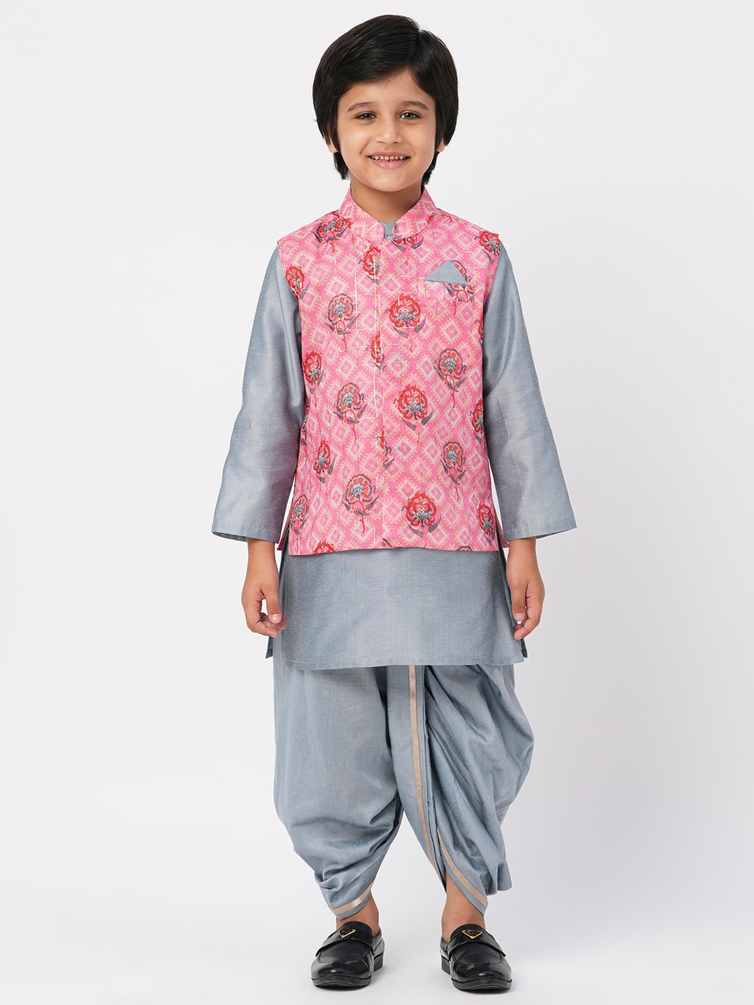 Raangoli Boys Grey Kurta with Dhotiand Jacket set