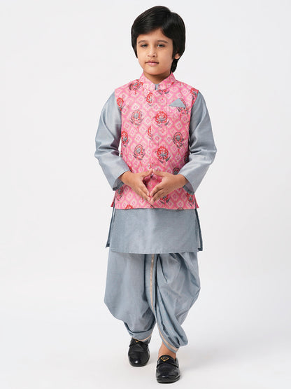 Raangoli Boys Grey Kurta with Dhotiand Jacket set