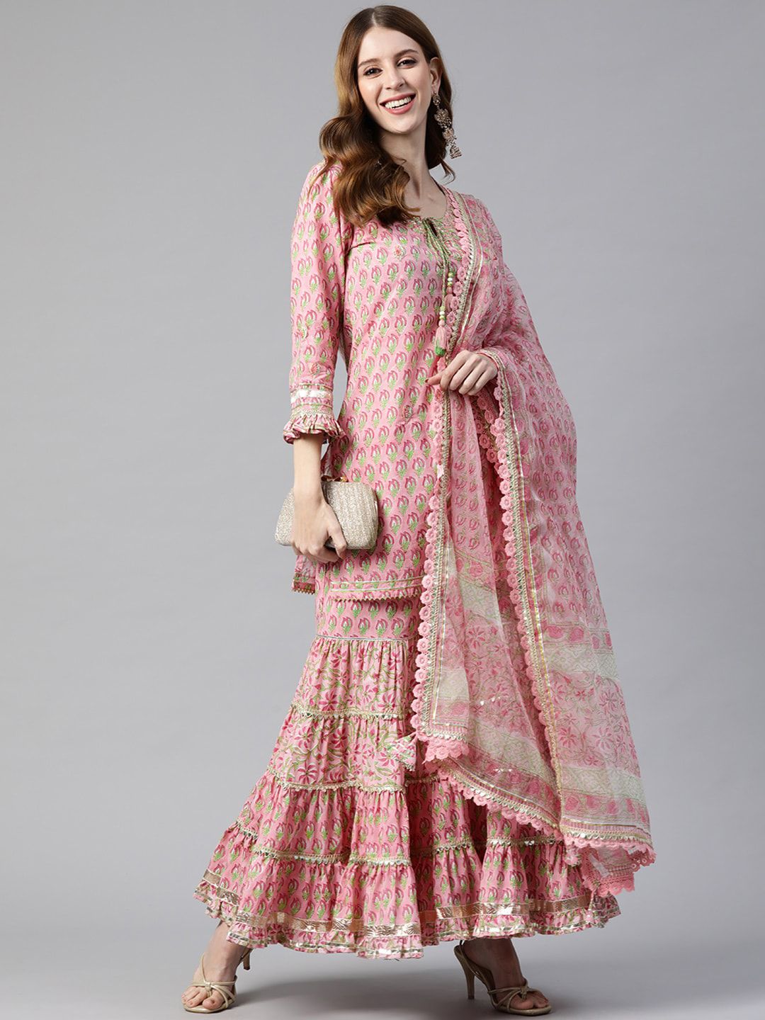 Dhiyona KL Ethnic Motifs Printed Gotta Patti Pure Cotton Straight Kurta & Sharara With Dupatta