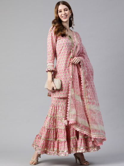 Dhiyona KL Ethnic Motifs Printed Gotta Patti Pure Cotton Straight Kurta & Sharara With Dupatta