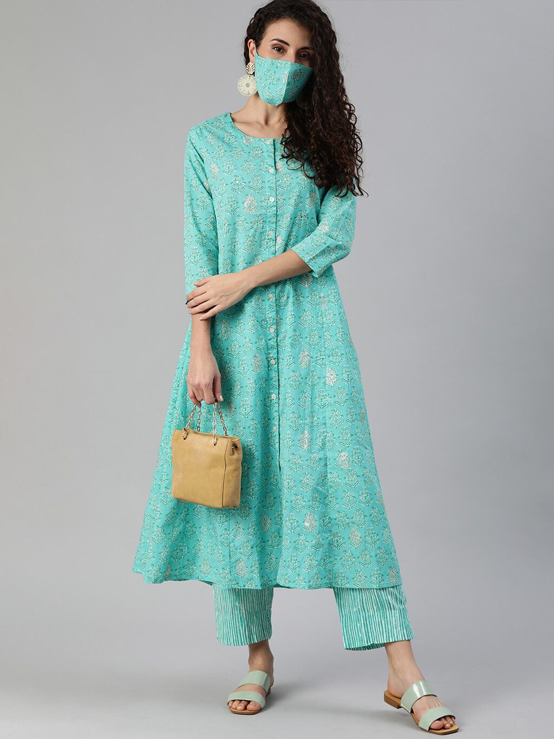 Dhiyona IS Women's Ethnic Motifs Printed Mirror Work Pure Cotton Kurta with Trousers & Mask