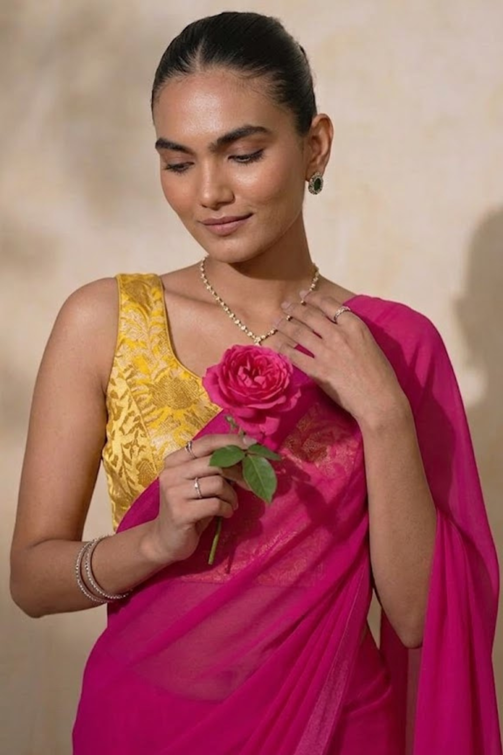 Dhiyona ST With Stitched Blouse - Yellow Brocade Blouse with Pink Chiffon Saree (Blouse has sleeve attached)