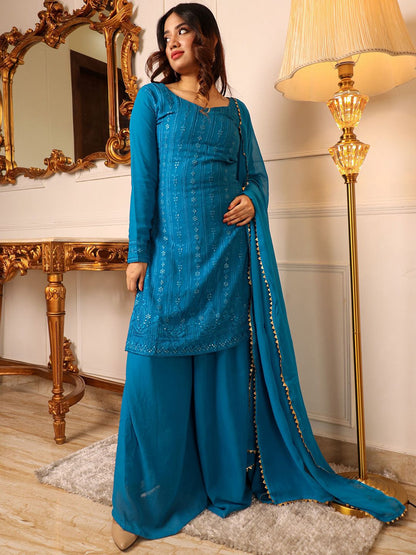Dhiyona KL Embroidered Mirror Work Silk Georgette Kurta with Palazzos & Dupatta