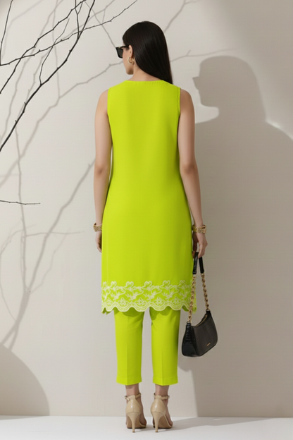 Dhiyona ST 2 Pc Set - Sinful Green Cotton Border Schffli Sleeveless Kurta with Pants