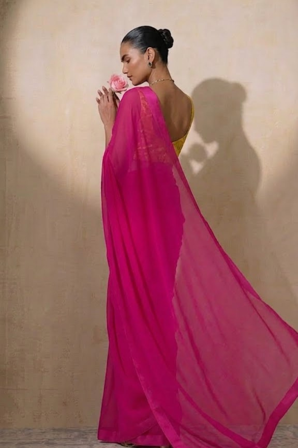 Dhiyona ST With Stitched Blouse - Yellow Brocade Blouse with Pink Chiffon Saree (Blouse has sleeve attached)