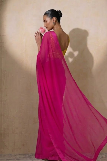 Dhiyona ST With Stitched Blouse - Yellow Brocade Blouse with Pink Chiffon Saree (Blouse has sleeve attached)