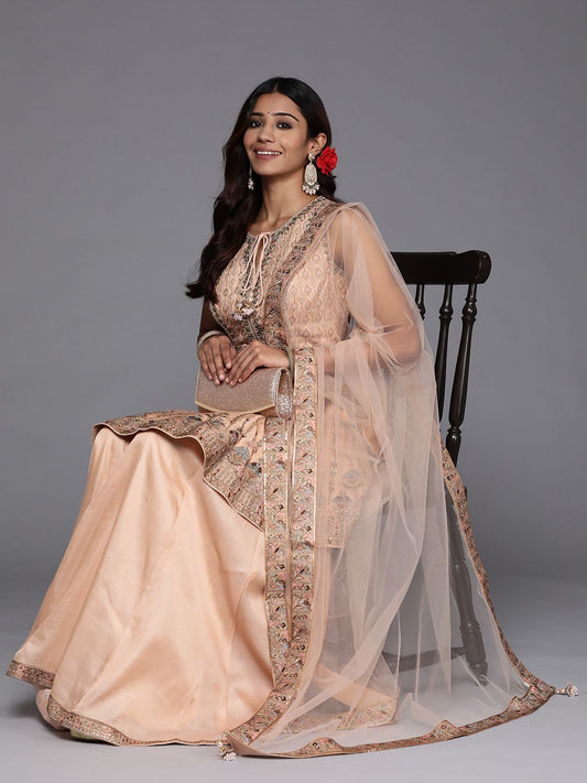 Dhiyona LL Women Peach-Coloured Floral Embroidered Sequinned Pure Silk Kurta with Palazzos & With Dupatta