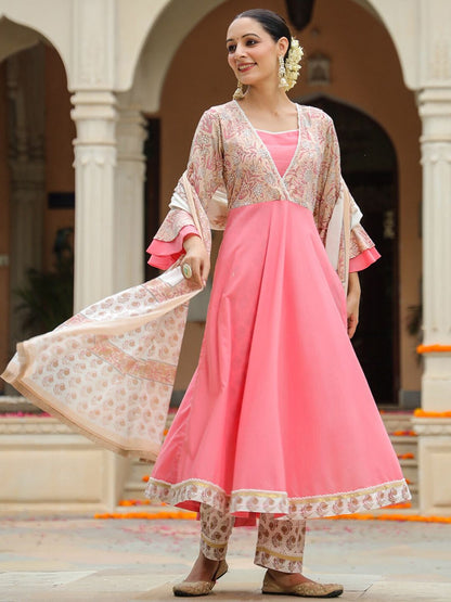 Dhiyona RR Women's Floral Printed Bell Sleeves Pure Cotton Kurta With Trousers & Dupatta