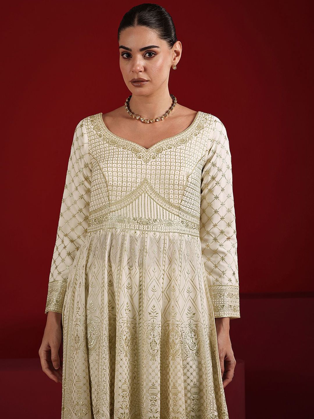 Dhiyona LL Womens Off White Embroidered Anarkali Kurta With Palazzos & Dupatta