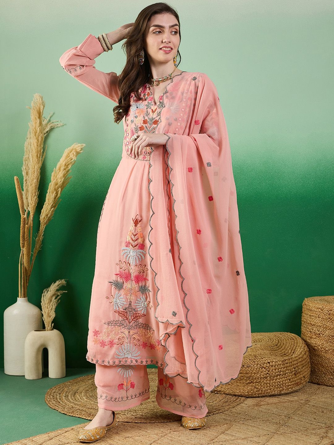 Dhiyona KL Floral Embroidered Thread Work Kurta With Palazzo & Dupatta