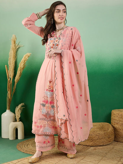 Dhiyona KL Floral Embroidered Thread Work Kurta With Palazzo & Dupatta