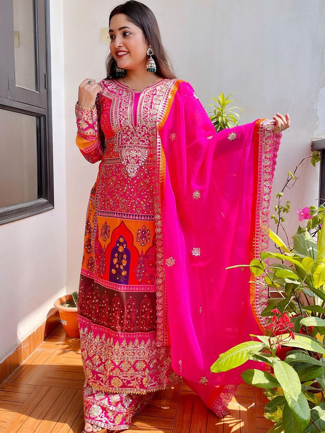 Dhiyona KL Ethnic Motifs Embroidered Beads and Stones Straight Kurta & Palazzos With Dupatta