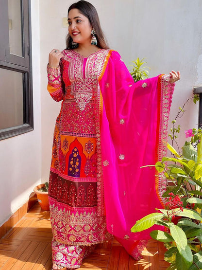 Dhiyona KL Ethnic Motifs Embroidered Beads and Stones Straight Kurta & Palazzos With Dupatta