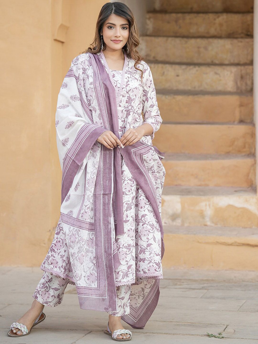 Dhiyona KL Floral Printed V-Neck Thread Work Anarkali Cotton Kurta with Trousers & Dupatta