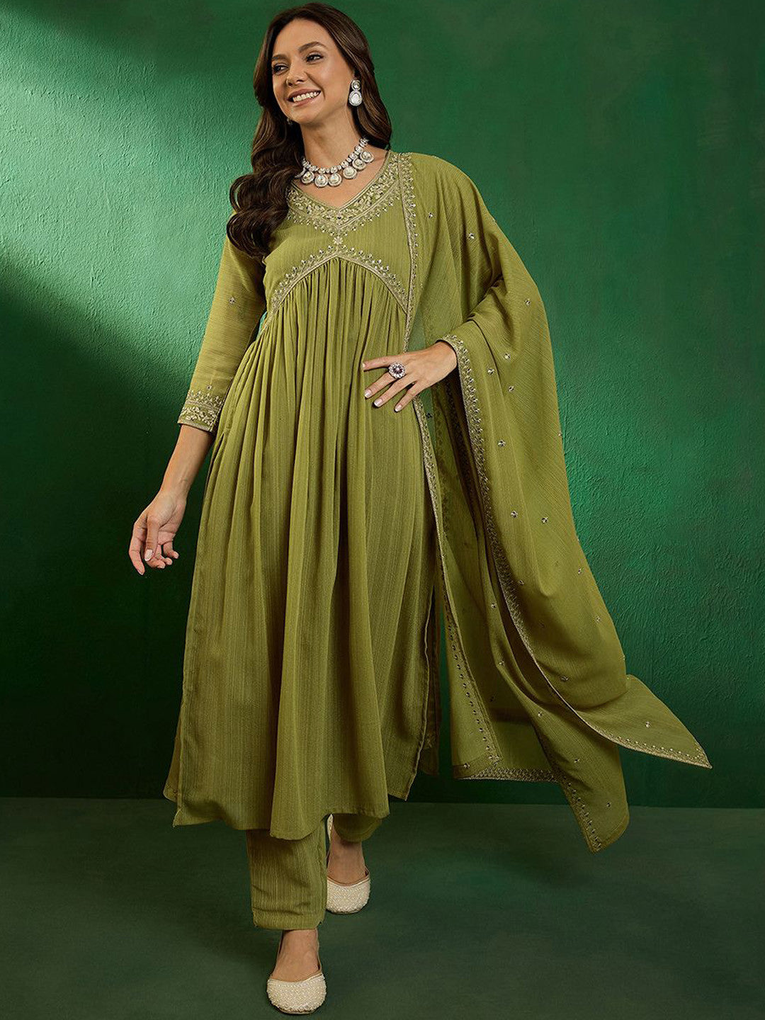 Floral Embroidered Alia Cut Kurta With Trouser & Dupatta