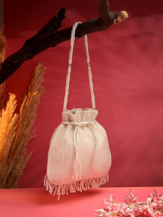 Dhiyona NR Dangle White & Silver Striped Embellished Faux Silk Potli