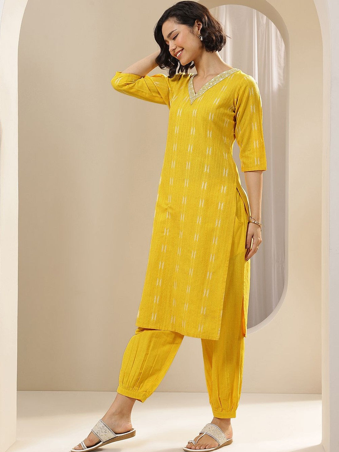 Women Ethnic Motifs Printed Regular Thread Work Kurta with Dhoti Pants & With Dupatta