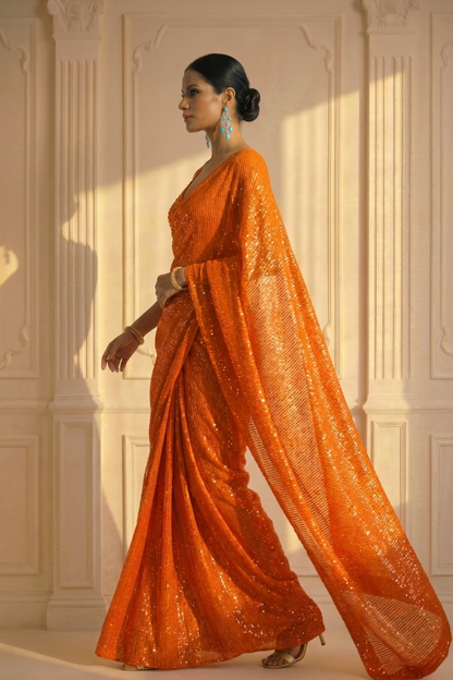Dhiyona ST Tangerine Knitted Sequin Saree with Blouse Fabric