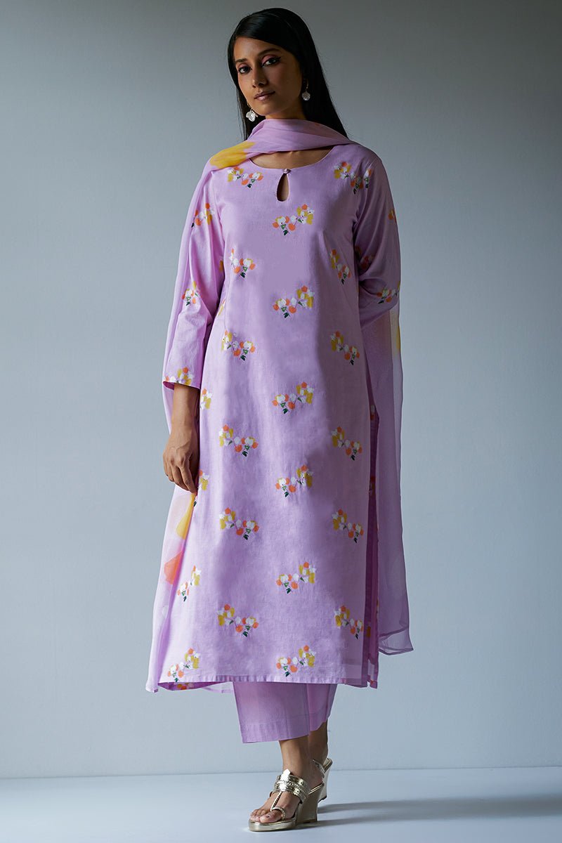 Women's Lavender Premium Cotton Printed Salwar Suit With Delicate Bead Work Detailing