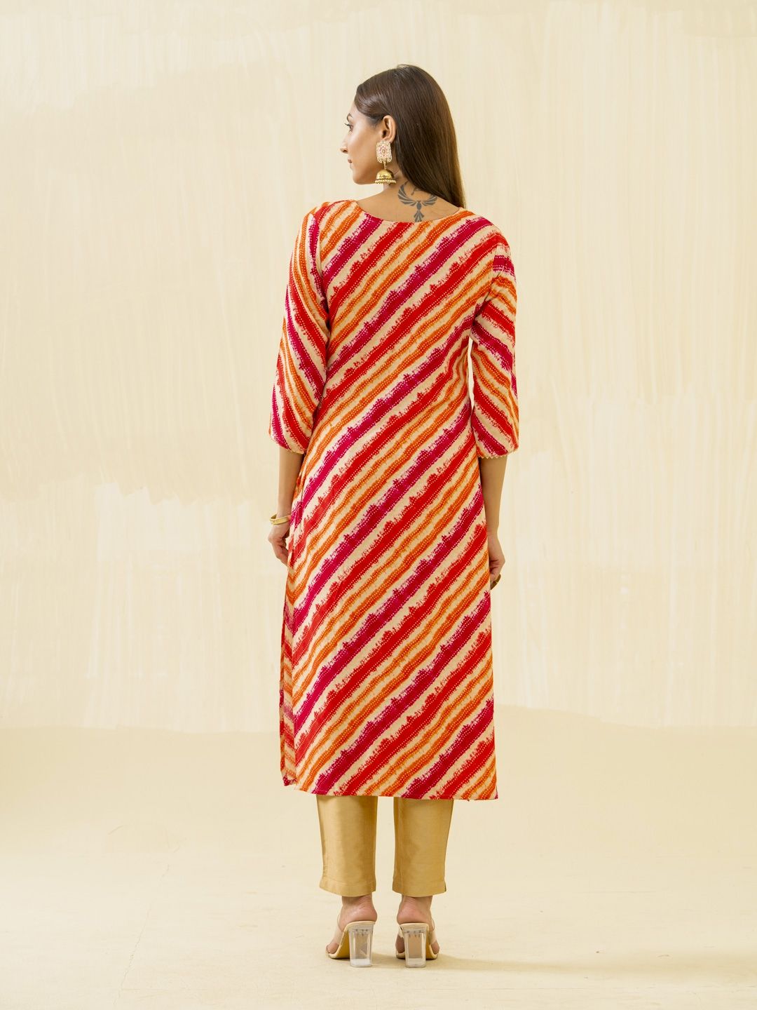 Dhiyona OD  Orange Striped Round Neck Gotta Patti Straight Kurta