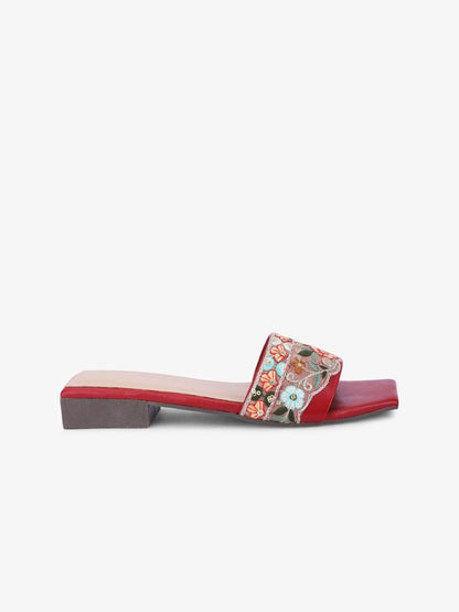 Dhiyona AK Red & Green Ethnic Embroidered Open Toe Flats