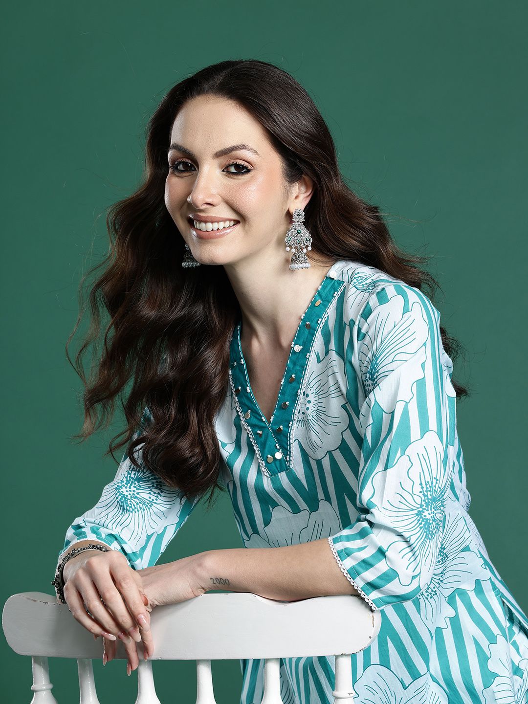 Dhiyona IE Floral Printed Pure Cotton Kurta with Trousers