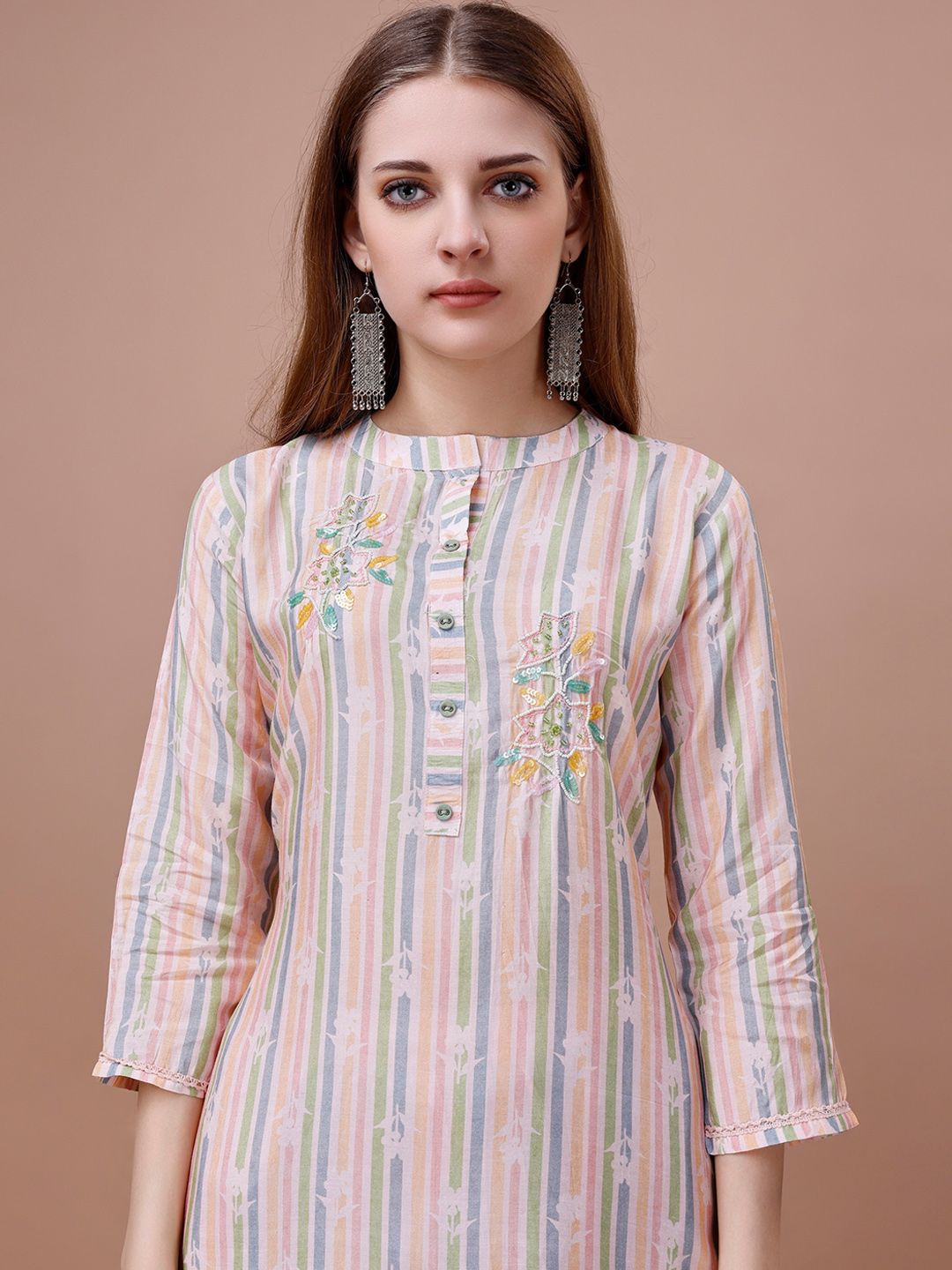 Dhiyona IS Women's Striped Band Collar Thread Work Straight Kurta & Trousers With Dupatta