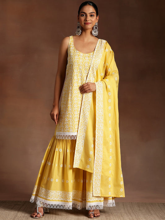 Ethnic Motifs Embroidered High Slit Pure Cotton Kurta & Sharara With Dupatta