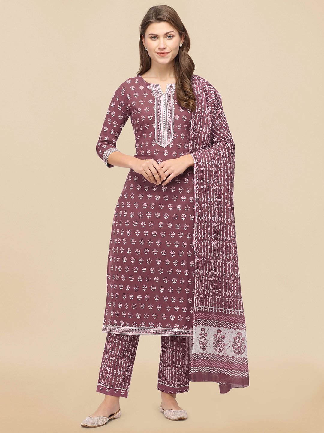 Dhiyona KL Women Pink & Off-White Printed Kurta with Trousers & Dupatta