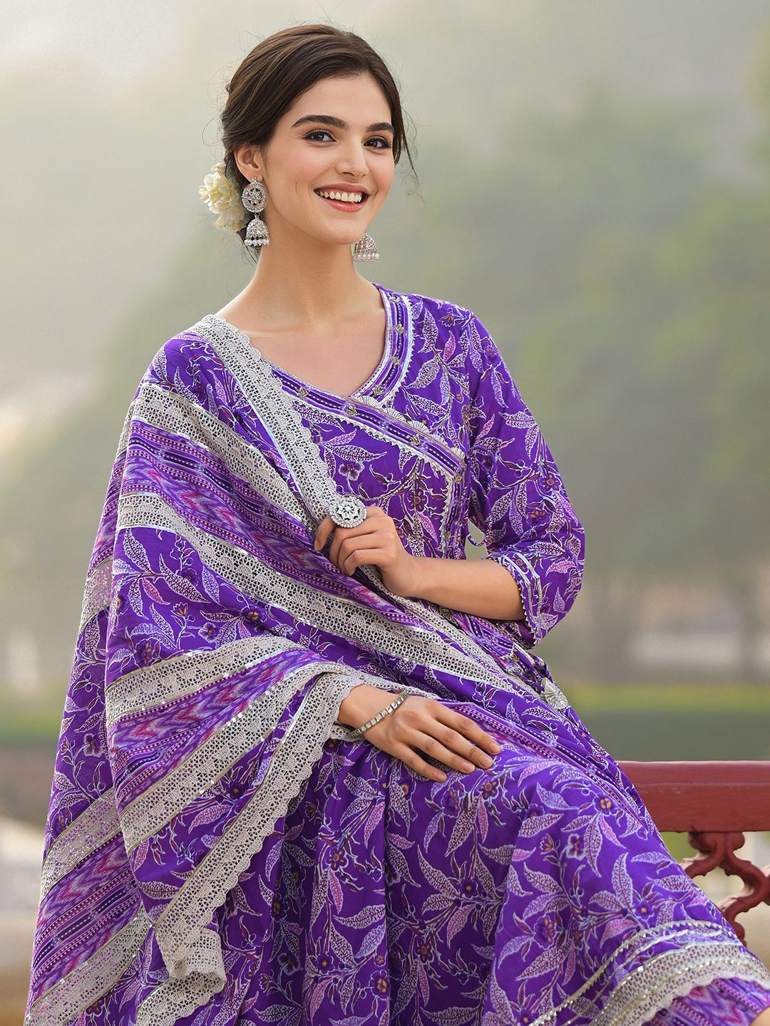 Dhiyona IS Women's Floral Printed Angrakha Thread Work Pure Cotton Kurta with Trousers & Dupatta