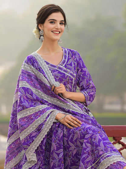 Dhiyona IS Women's Floral Printed Angrakha Thread Work Pure Cotton Kurta with Trousers & Dupatta