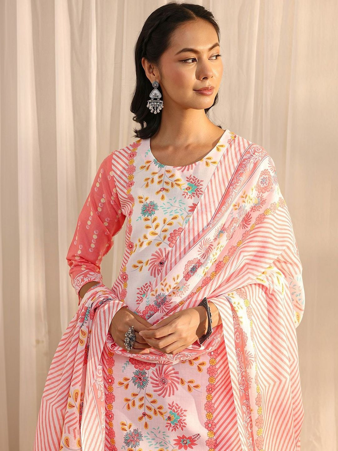 Libas Peach Floral Printed Straight Suit Set with Dupatta