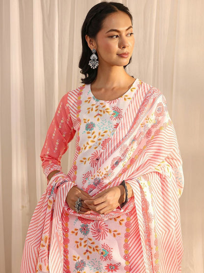 Libas Peach Floral Printed Straight Suit Set with Dupatta