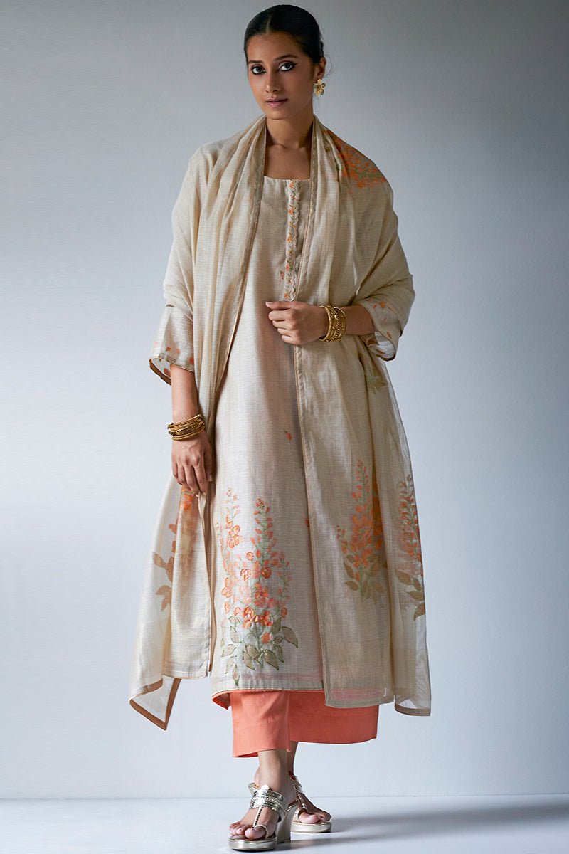 Women's Beige Woven Kurta Suit Set With Delicate Hand Work Detailing and Embroidery Placket
