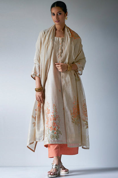 Women's Beige Woven Kurta Suit Set With Delicate Hand Work Detailing and Embroidery Placket