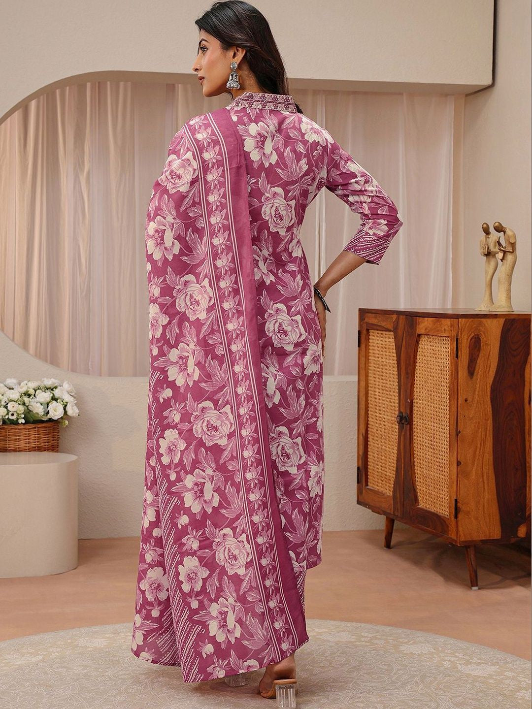 Libas Pink Floral Printed Straight Suit Set