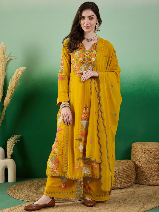 Dhiyona KL Floral Embroidered Thread Work Kurta With Palazzo & Dupatta