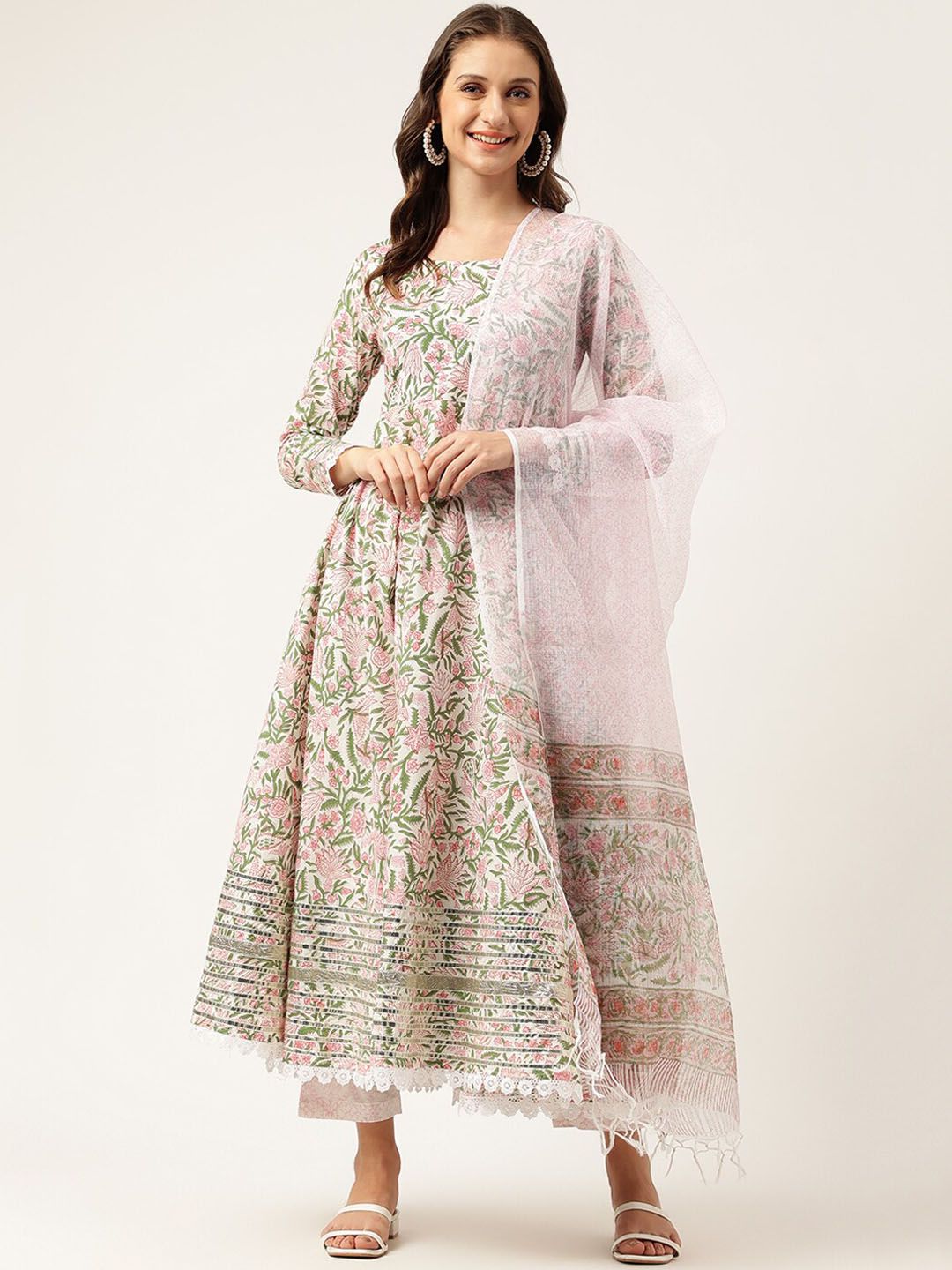 Dhiyona KL Floral Printed Pure Cotton Anarkali Kurta & Trousers With Dupatta