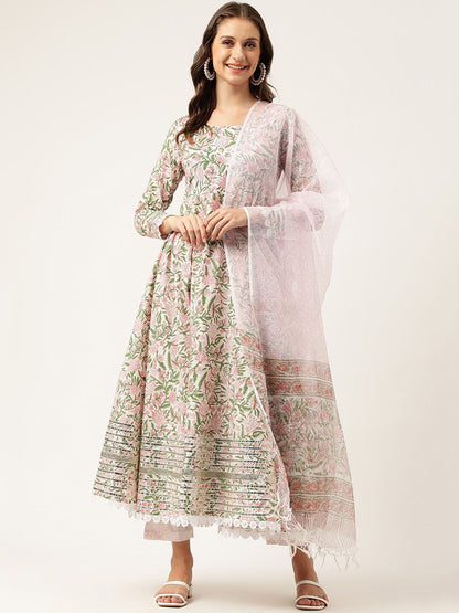 Dhiyona KL Floral Printed Pure Cotton Anarkali Kurta & Trousers With Dupatta