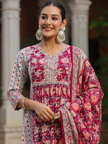 Dhiyona RR Women's Floral Printed Pure Cotton A-line Kurta With Trousers & Dupatta