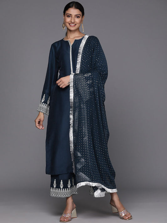 Dhiyona VA Women'sEmbroidered Notch Neck Straight Kurta & Trousers With Dupatta