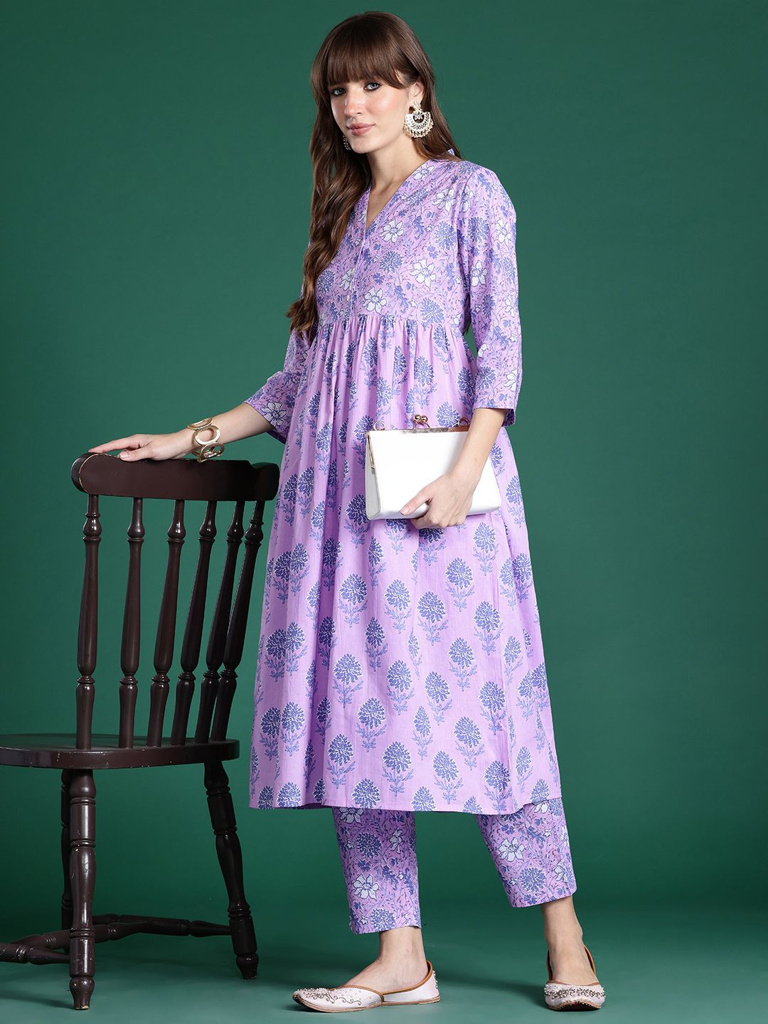 Dhiyona IE Floral Printed Regular Pure Cotton Kurta with Trousers