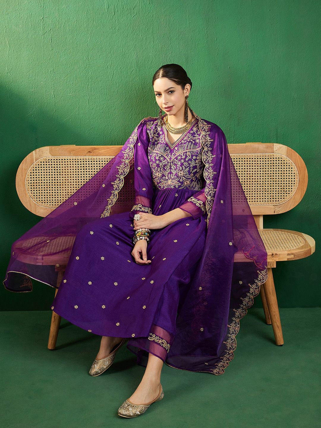 Dhiyona SN Purple Ethnic Motifs Embroidered A-Line Kurta With Palazzo & Dupatta